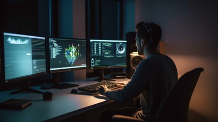 A graphic designer from behind working on his computer with creative artwork and design displayed on the screen Generative AI