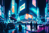 Fototapeta Londyn - Shibuya crossing in Tokyo, neon night city colors, illustration. Generative AI