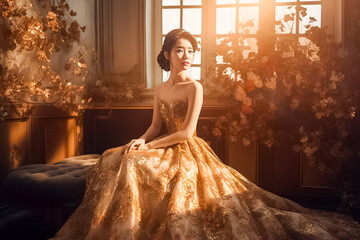 Wall Mural - Golden Asian Princess Concept Mood and Tone with light and dress in Brightness Gold Theme. generative AI