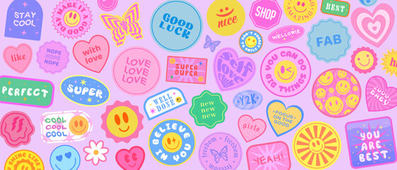 Poster - Cool Groovy Stickers Background. Y2k Patches Collage. Pop Art Illustration Vector Design. Funky Pattern.