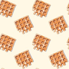 Yellow Belgian waffles seamless pattern for print design. Cartoon illustration. Golden waffle slices on beige background. Decorative Modern cookie cover, graphic for background, fabric or wrapping pap