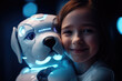 © J S - Little girl child hugging a white modern pet dog robot with copy space, generative ai