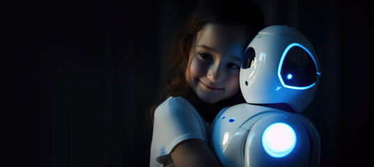 Wall Mural - Little girl child hugging an artificial intelligence robot friend with copy space, generative ai