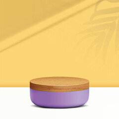 Wall Mural - Background for product scene. Wooden and purple product display podium on yellow background with light for mock-up cosmetic, spa product. 3D Stage showcase on pedestal display studio