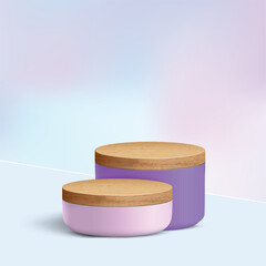 Wall Mural - Background for product scene. Wooden and purple product display podium on violet background with light for mock-up cosmetic, spa product. 3D Stage showcase on pedestal display studio