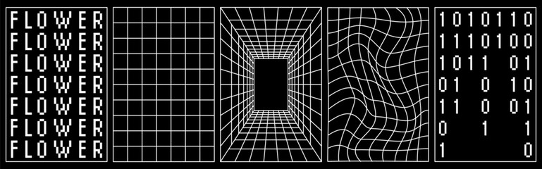 Wall Mural - set of distorted vertical grid pattern, flower text pattern. y2k retrowave shapes, rave, vaporwave. 