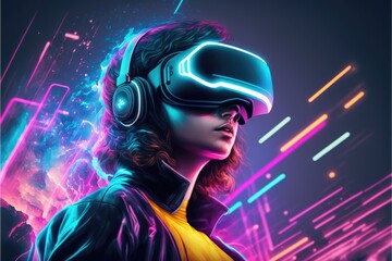 Wall Mural - A young man in VR glasses playing video games with virtual reality headset. Concept of gaming in cyberpunk lifestyles. Finest generative AI.