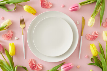 Wall Mural - Mother's Day celebration concept. Top view photo of circle plate cutlery knife fork pink origami paper hearts and colorful tulips on isolated pastel pink background with blank space