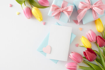 Wall Mural - Mother's Day concept. Top view photo of envelope with card gift boxes with bows colorful hearts and bouquets of flowers yellow pink tulips on white background with empty space