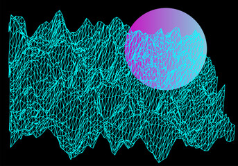 Poster - Sci-fi vaporwave 3D landscape made of a polygonal distorted grid. Synthwave hi-tech style background. 