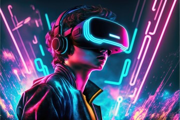 Wall Mural - A young man in VR glasses playing video games with virtual reality headset. Concept of gaming in cyberpunk lifestyles. Finest generative AI.