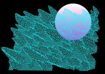 Poster - Sci-fi retrofuturistic 3D landscape made of a polygonal distorted perspective grid. Synthwave the 80s retro style background. 
