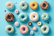 Assorted donuts on pastel blue background. Generative Ai