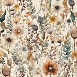 Fototapeta Boho - Seamless boho floral watercolor background, watercolor pattern, AI generative background pattern in natural tones