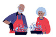 An elderly couple is working in the garden, planting flowers, being in a good mood. Retirement, grandparents in a flower bed in work clothes. Vector flat illustration
