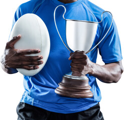 Poster - Mid section of sportsman holding trophy and rugby ball