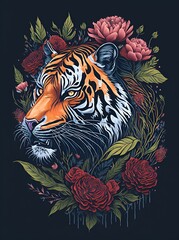 Tiger in flowers. AI generated illustration