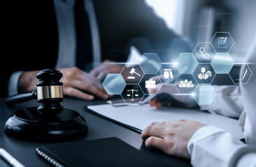 Smart law, legal advice icons and lawyer working tools in the lawyers office showing concept of digital law and online technology of astute law and regulations .