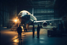 Aeronautical Engineers In A Hangar And A Jetliner In Background, High Quality Generative Ai