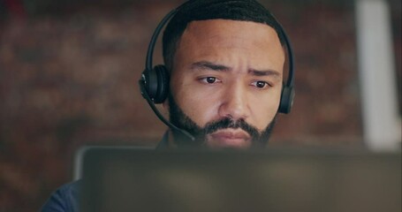 Wall Mural - Thinking face, confused or black man in call center with mistake in telecom or communications at night. Crm consultant, online search or male telemarketing sales agent in customer service office