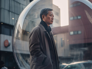 Middle-aged japanese man inside a transparent bubble on a city street. Depiction of modern isolation and filter bubble of social media. Made with generative AI