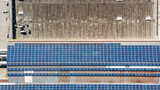 Fototapeta Sawanna - Drop down view of solar power plant with panels placed on industrial roof tops.