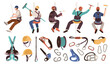 © YummyBuum - Industrial climbing equipment. Dangerous works people, windows cleaning, wall insulation, safety cables, helmets and fasteners, cartoon flat isolated illustration isolated, tidy vector set