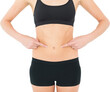 Closeup mid section of a fit woman with hands on stomach