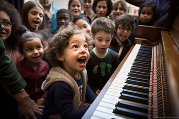 Group of children playing piano in music school class. Selective focus. Generative AI