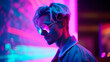 Stylish guy in glasses and in neon light, created with Generative AI Technology
