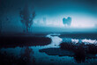 Dark nature landscape, blue fog, glow. Generative AI