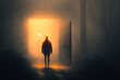 © Sunshower Shots - Figure standing in open gate doorway entrance, foggy, night, glowing warm light. Generative AI