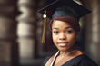 © colnihko - Beautiful black american woman wearing a graduation cap. Study, education, university, college, graduate concept. Generative AI illustration