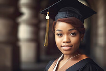Beautiful Black American Woman Wearing A Graduation Cap. Study, Education, University, College, Graduate Concept. Generative AI Illustration