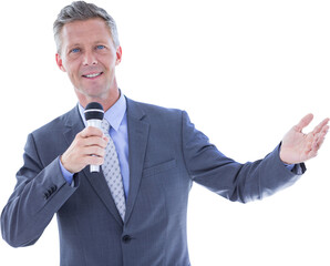 Poster - Portrait of confident businessman speaking into microphone