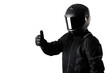 Portrait of a motorcycle rider on a transparent background with thumbs up expression