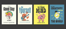 Retro Posters With Positive Quotes And Retro Cartoons In Trendy Style, Vector Illustration