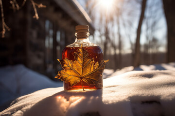 Wall Mural - Bottle of maple syrup in the snow. Canadian tradition. At the back we see the sugar shack. Genered par IA