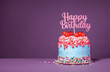 canvas print picture - Fun happy birthday drip cake over a purple background