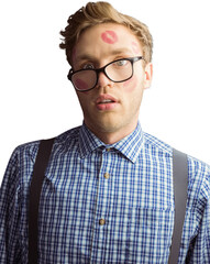 Wall Mural - Geeky hipster covered in kisses