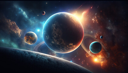 different planets in the galaxy, view from space, generative ai