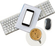 Mobile phone, keyboard, mouse, notepad and coffee cup