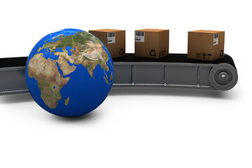 Canvas Print - Composite image of globe and conveyor belt with boxes