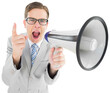 Geeky businessman shouting through megaphone