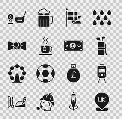 Sticker - Set Location England, Tram railway, Golf bag with clubs, flag flagpole, Cup of tea tea, Bow tie, ball tee and Pound sterling money icon. Vector