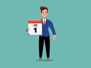 Businessman in a blue coat holding the calendar, showing the 1 date of June vector illustration design