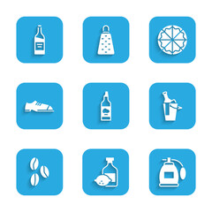 Sticker - Set Bottle of olive oil, Limoncello bottle, Perfume, wine in bucket, Coffee beans, Men shoes, Pizza and icon. Vector