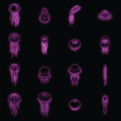 Wall Mural - Jellyfish icons set. Isometric set of jellyfish vector icons neon color on black