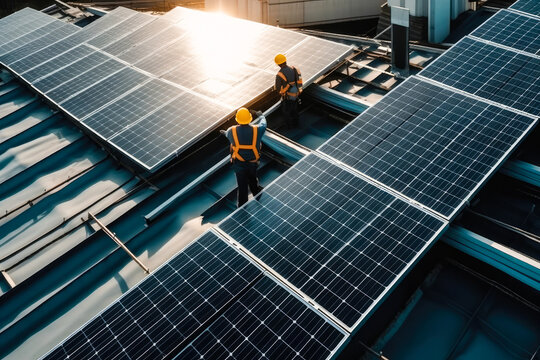 Engineers installing photovoltaic solar panels. Generative AI