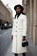 Street Fashion Portrait Of Stylish Young Elegant Luxury African Woman In Black Hat And White Coat Or Jacket With Handbag In Retro Style. Generative AI.